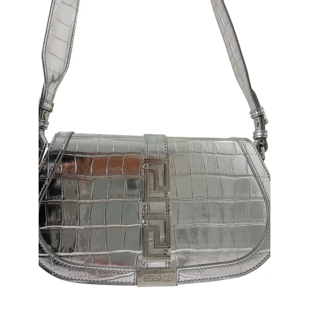 Versace Garcia Croc-Embossed Leather Shoulder Bag Silver New 2900$